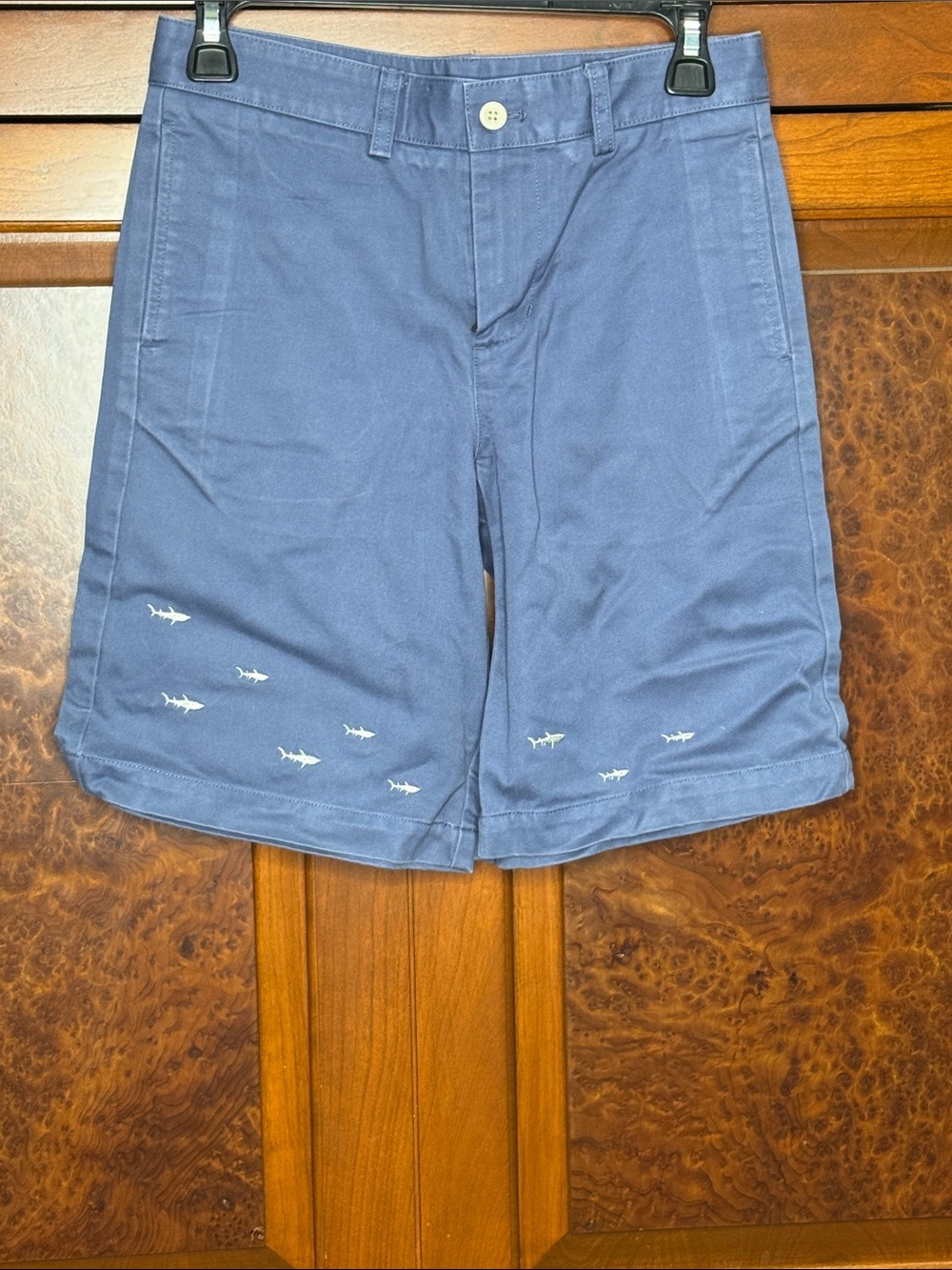 Boys slate Blue vineyard Finds size 12 Cotton Shorts with Shark Embroidery